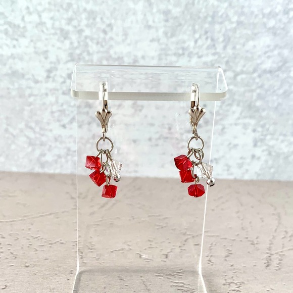 Siam Red Dice Crystal Cluster Staircase with Silver Plated Leaverback Earwires - Picture 2 of 6